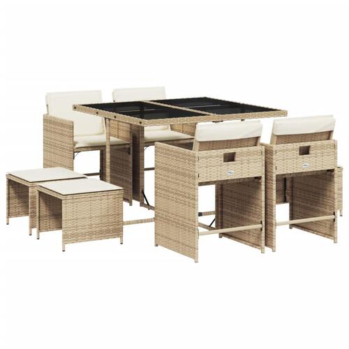 Spisebordssæt til haven 9 dele med hynder polyrattan beige