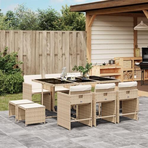 Spisebordssæt til haven 11 dele med hynder polyrattan beige