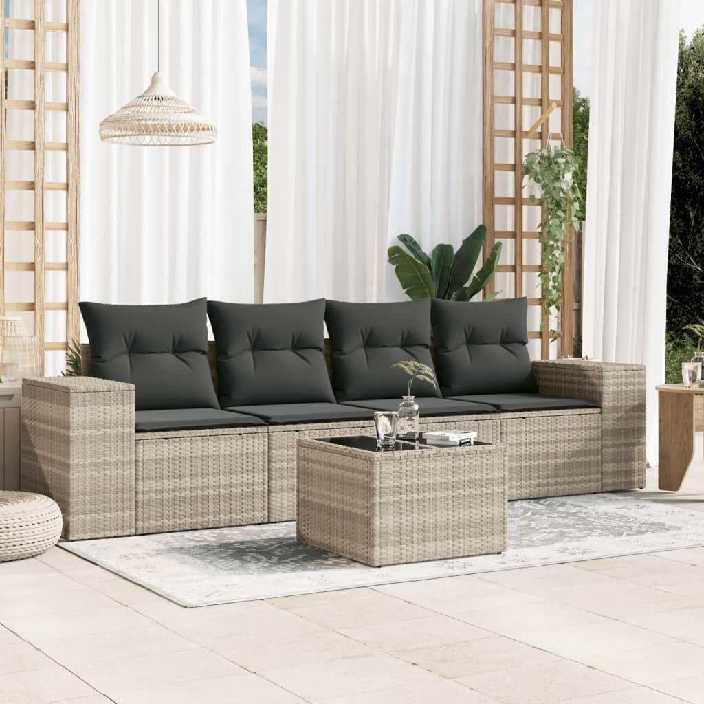 Sofasæt 5 dele med hynder polyrattan lysegrå