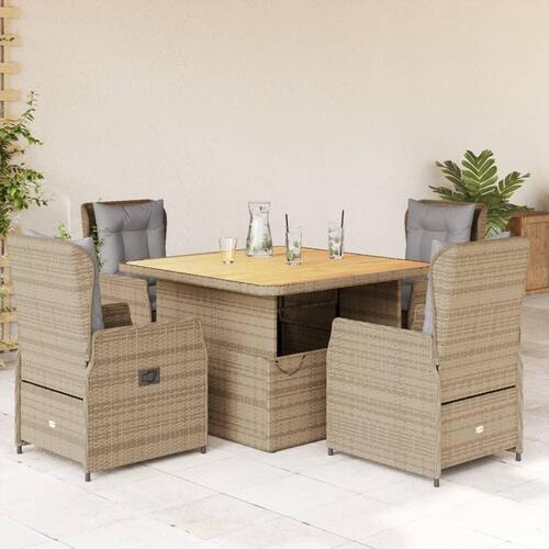 Spisebordssæt til haven 5 dele med hynder polyrattan beige