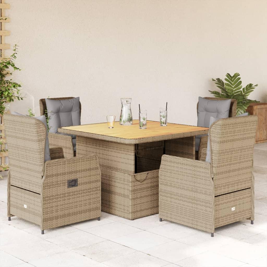 Spisebordssæt til haven 5 dele med hynder polyrattan beige