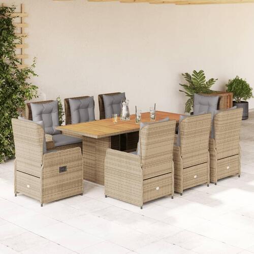 Spisebordssæt til haven 9 dele med hynder polyrattan beige