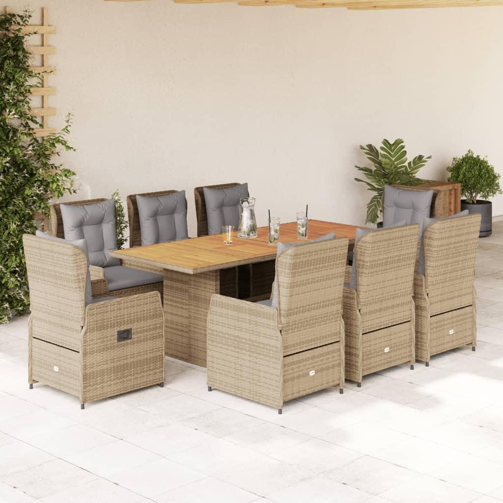 Spisebordssæt til haven 9 dele med hynder polyrattan beige