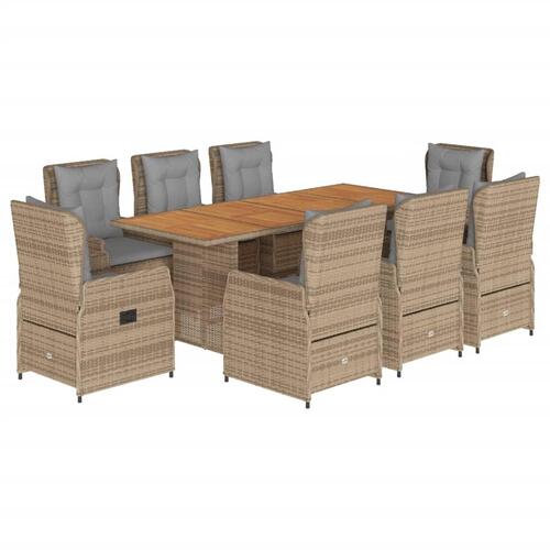 Spisebordssæt til haven 9 dele med hynder polyrattan beige