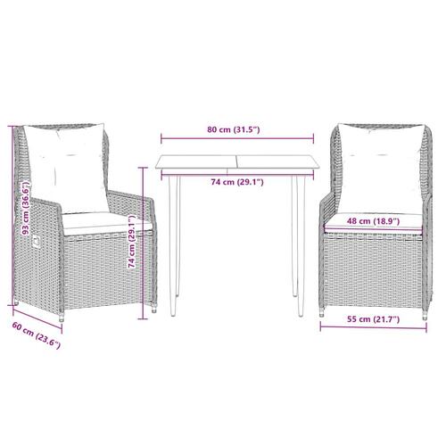 Spisebordssæt til haven 3 dele med hynder polyrattan beige