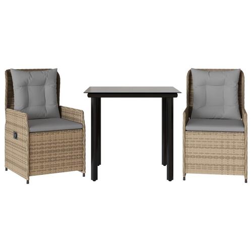 Spisebordssæt til haven 3 dele med hynder polyrattan beige