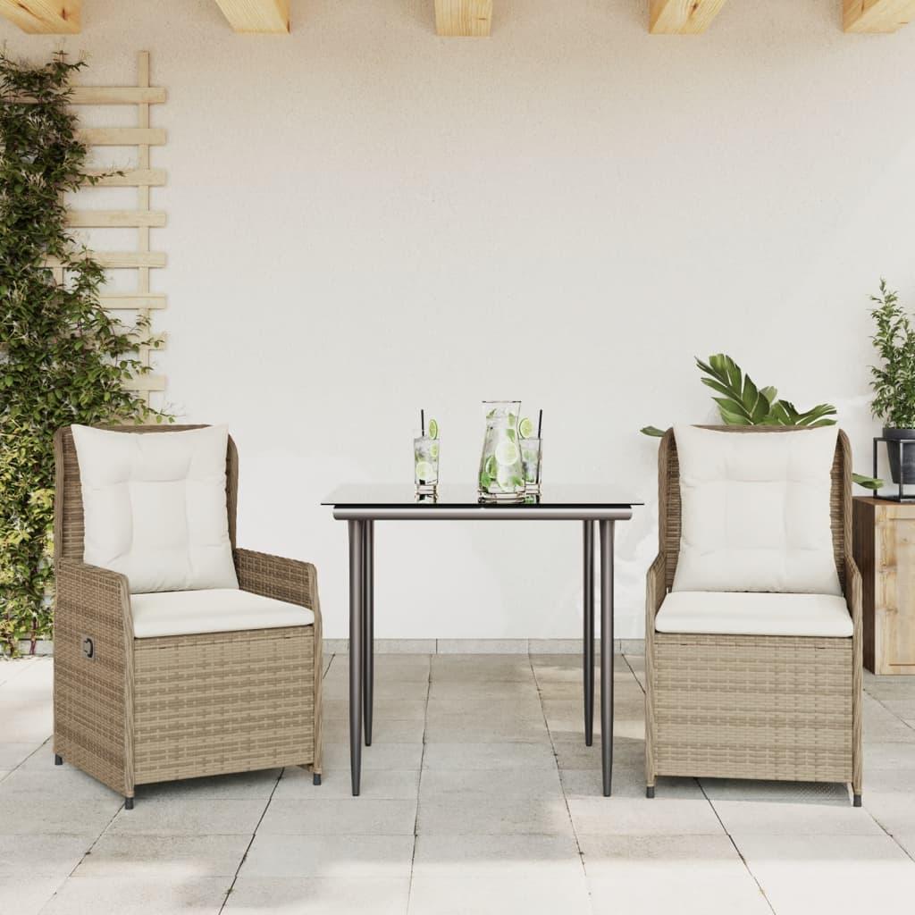 Spisebordssæt til haven 3 dele med hynder polyrattan beige