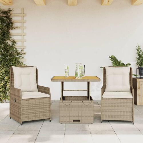 Bistrosæt til haven 3 dele med hynder polyrattan beige