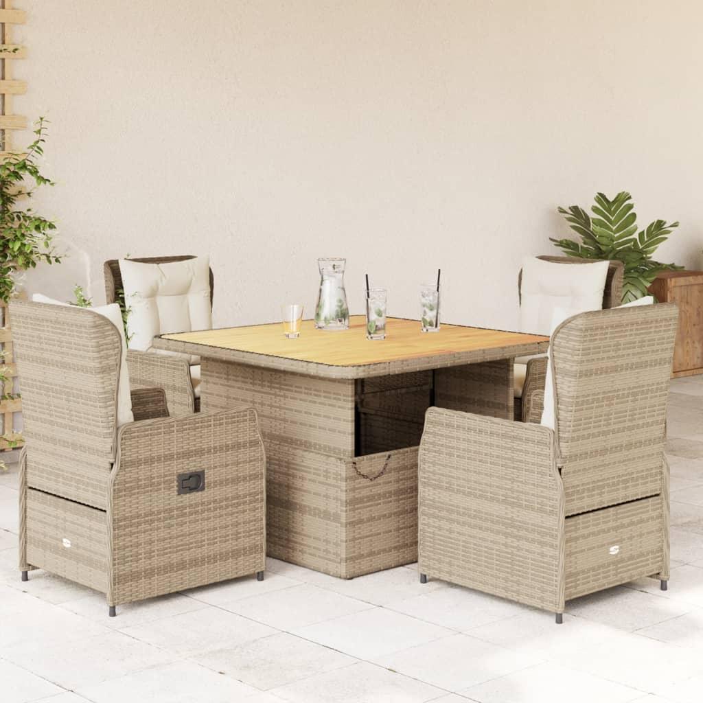 Spisebordssæt til haven 5 dele med hynder polyrattan beige