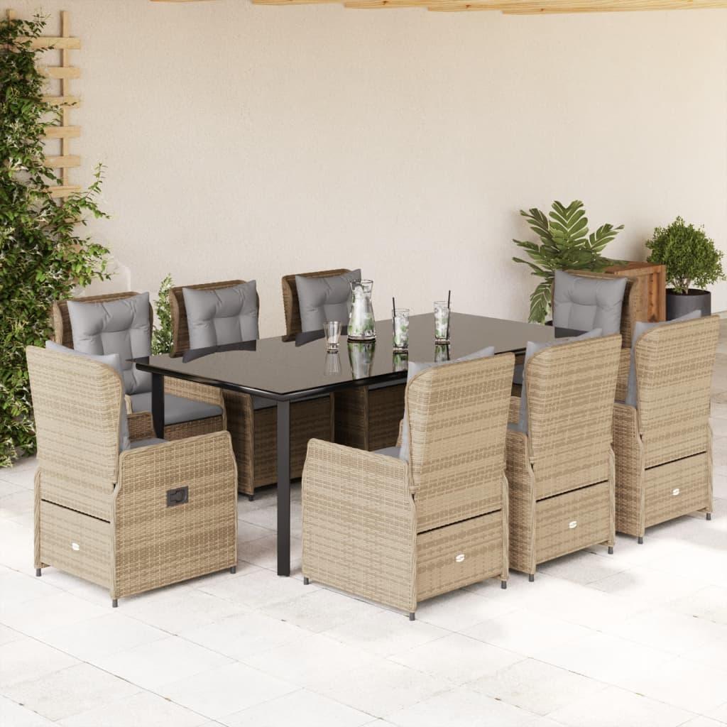 Spisebordssæt til haven 9 dele med hynder polyrattan beige