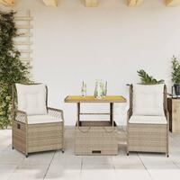 Spisebordssæt til haven 3 dele med hynder polyrattan beige