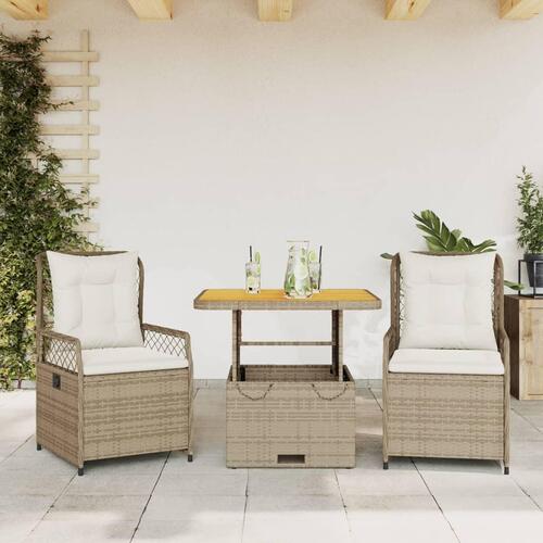 Spisebordssæt til haven 3 dele med hynder polyrattan beige