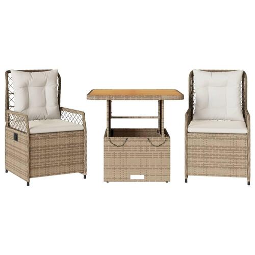 Spisebordssæt til haven 3 dele med hynder polyrattan beige
