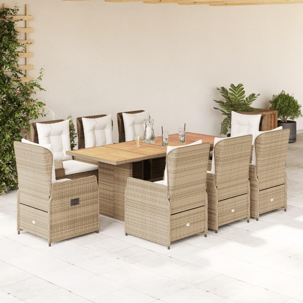 Spisebordssæt til haven 9 dele med hynder polyrattan beige