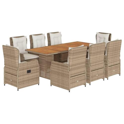 Spisebordssæt til haven 9 dele med hynder polyrattan beige