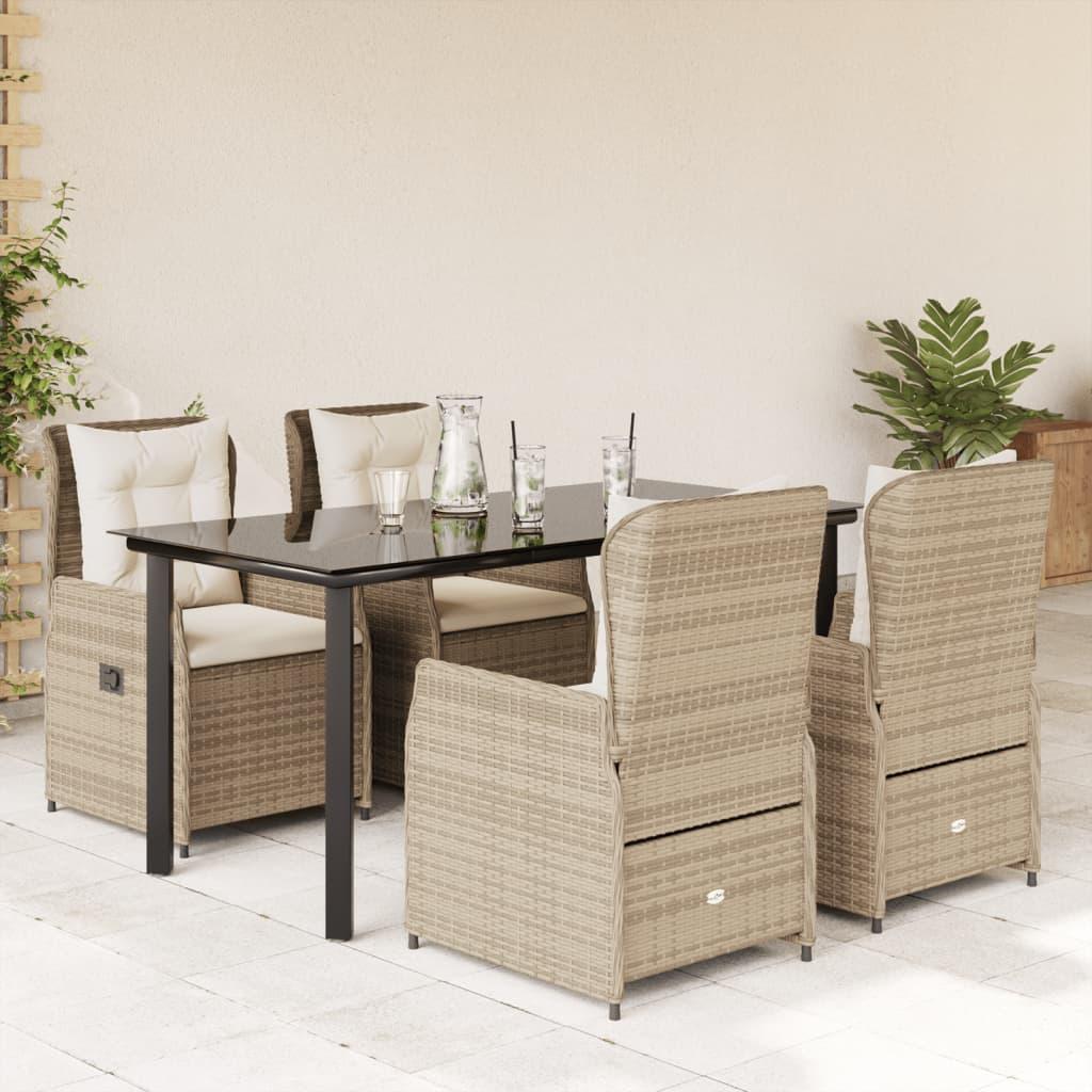 Spisebordssæt til haven 5 dele med hynder polyrattan beige