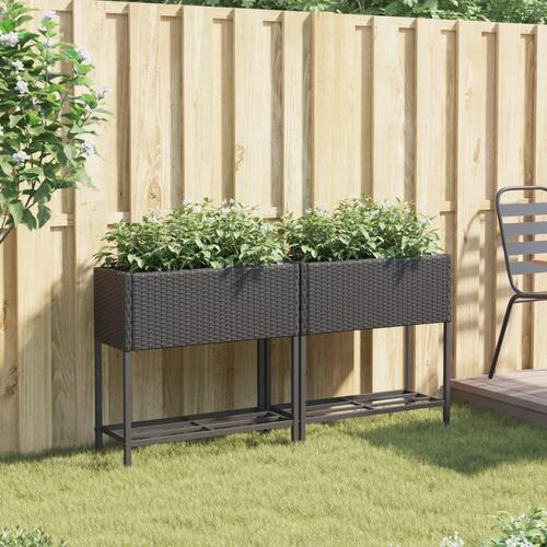 Plantekasser 2 stk. med hylde 70x28x70 cm polyrattan sort