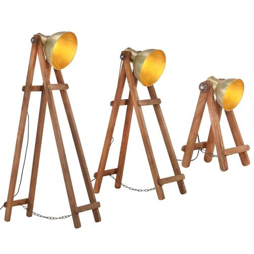 Gulvlamper 3 stk. E27 massivt mangotræ messingfarvet