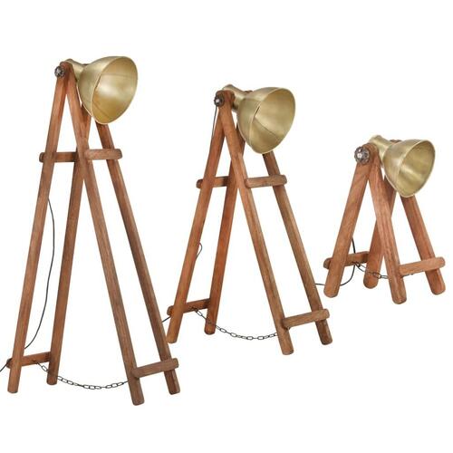 Gulvlamper 3 stk. E27 massivt mangotræ messingfarvet