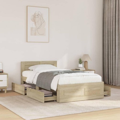 Sengeramme med sengegavl og opbevaringsskuffer 75x190 cm - sonoma-eg