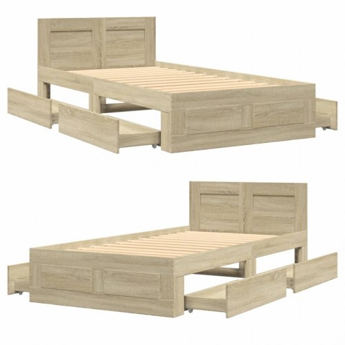 Sengeramme med sengegavl og opbevaringsskuffer 75x190 cm - sonoma-eg