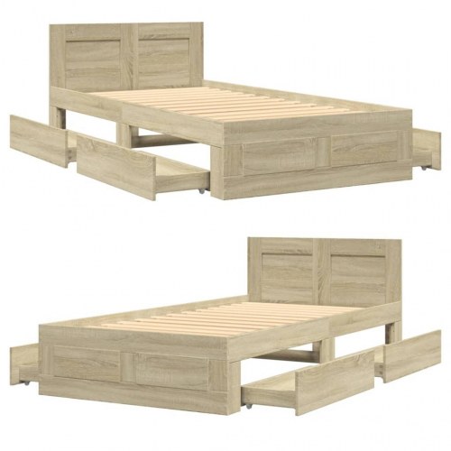 Sengeramme med sengegavl og skuffer 100 x 200 cm - sonoma-eg
