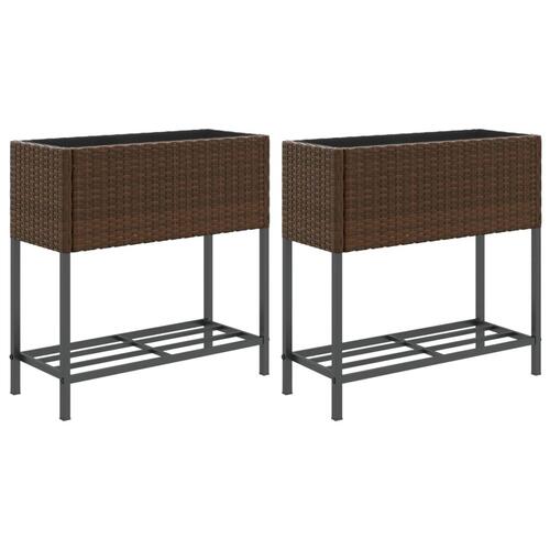 Plantekasser 2 stk. med hylde 70x28x70 cm polyrattan brun