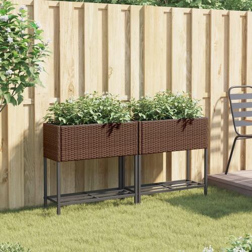 Plantekasser 2 stk. med hylde 70x28x70 cm polyrattan brun