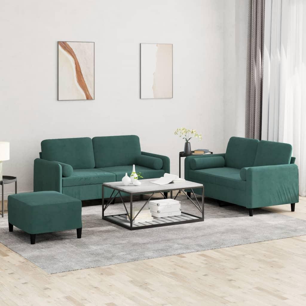 3 personers sofa med puder velour mørkegrøn