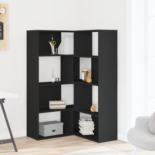 Bogreol til hjørne 85x85x140 cm 4 hylder konstrueret træ sort