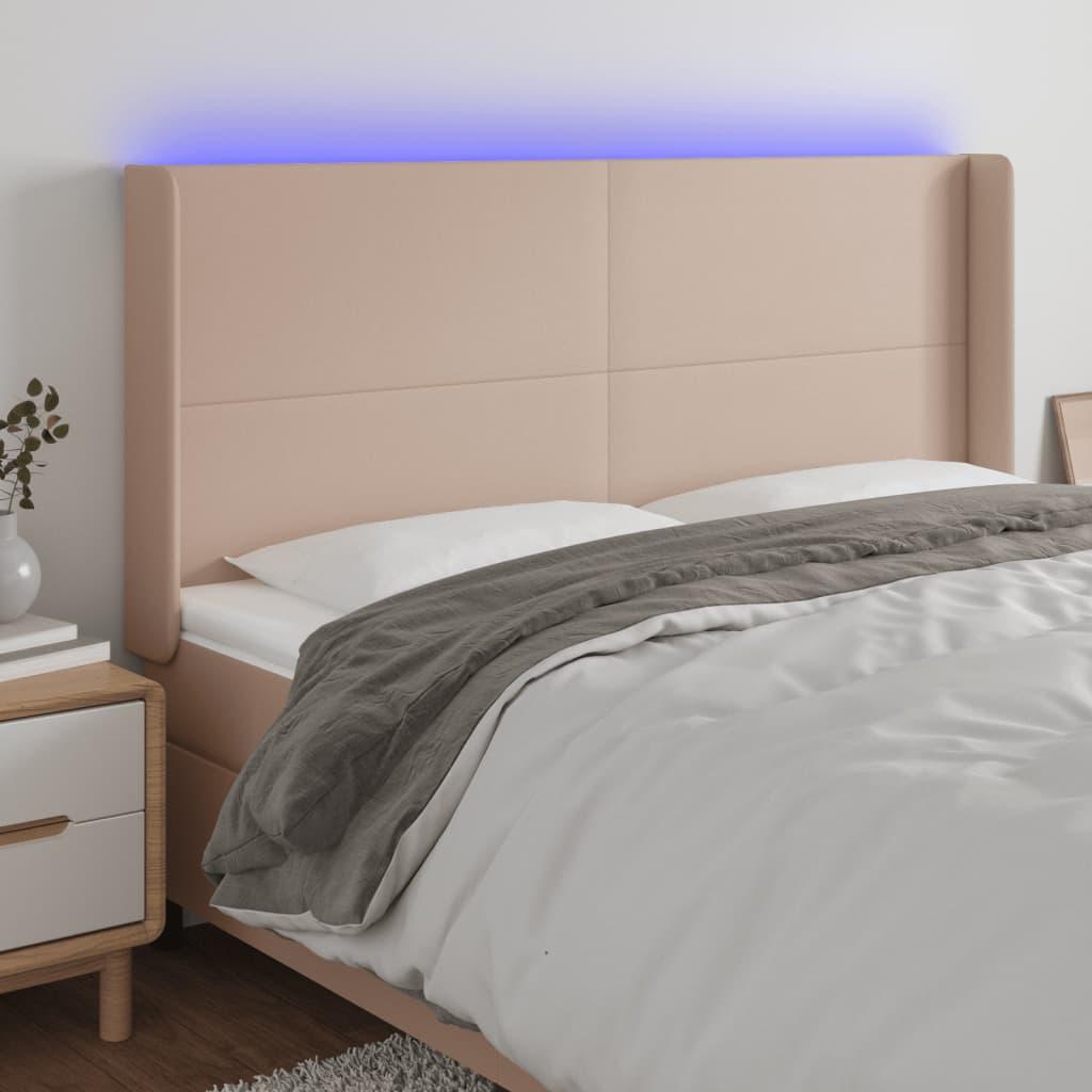Sengegavl med LED-lys 163x16x118/128 cm kunstlæder cappuccino