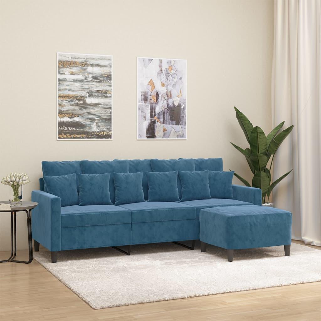 3-personers sofa med fodskammel 180 cm velour blå