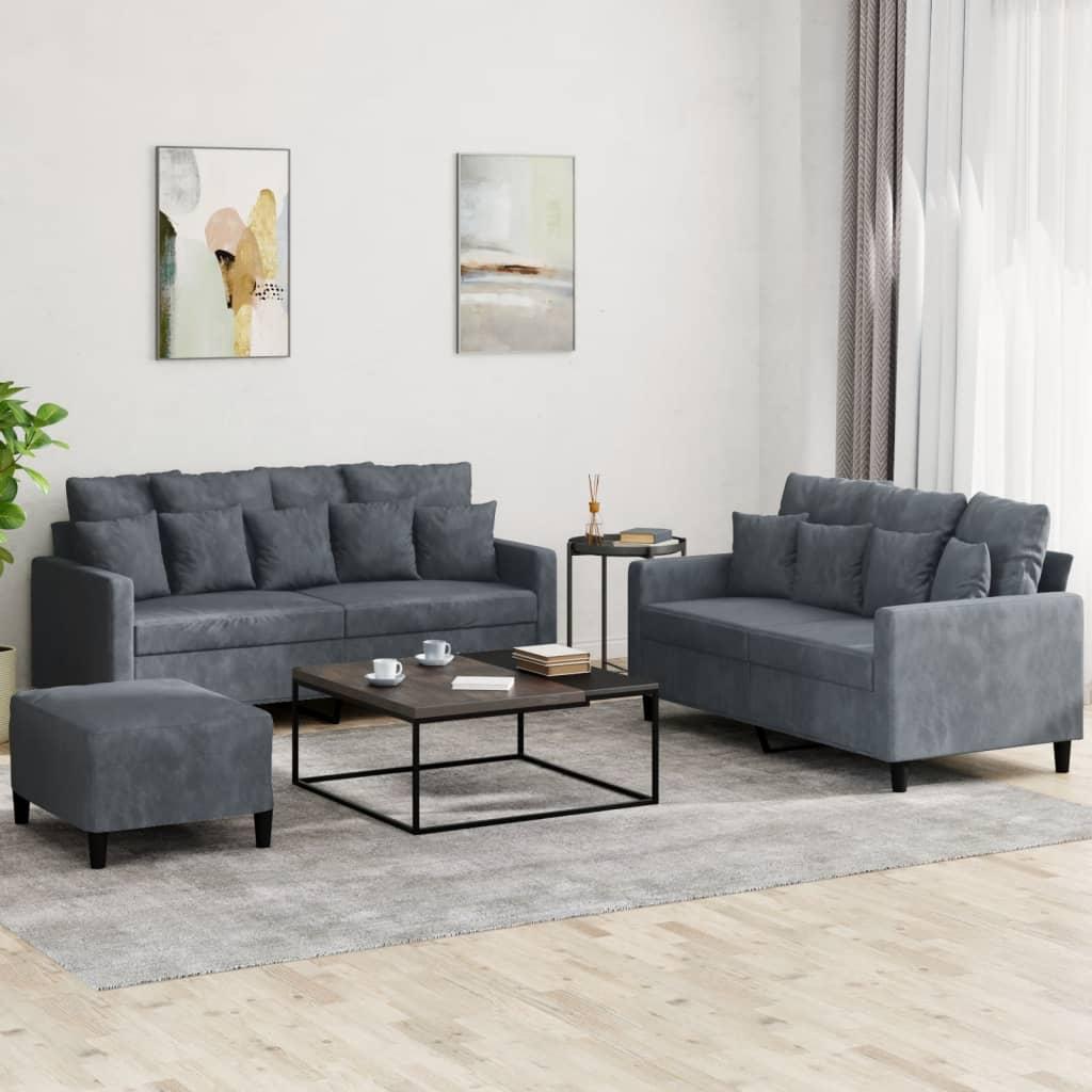 3 personers sofa med hynder velour mørkegrå