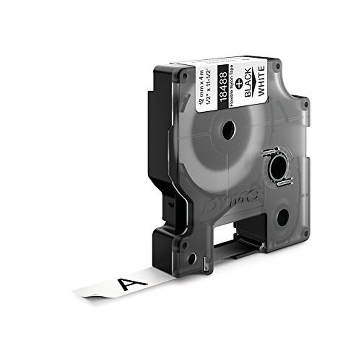 Dymo lamineret nylon-tape 12 mm - sort på hvid (18488)