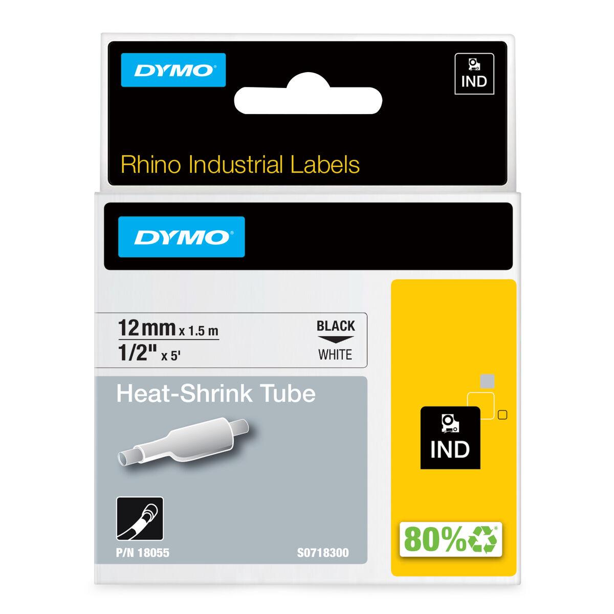 Dymo Rhino varme-krympe tape 12 mm - hvid med sort print