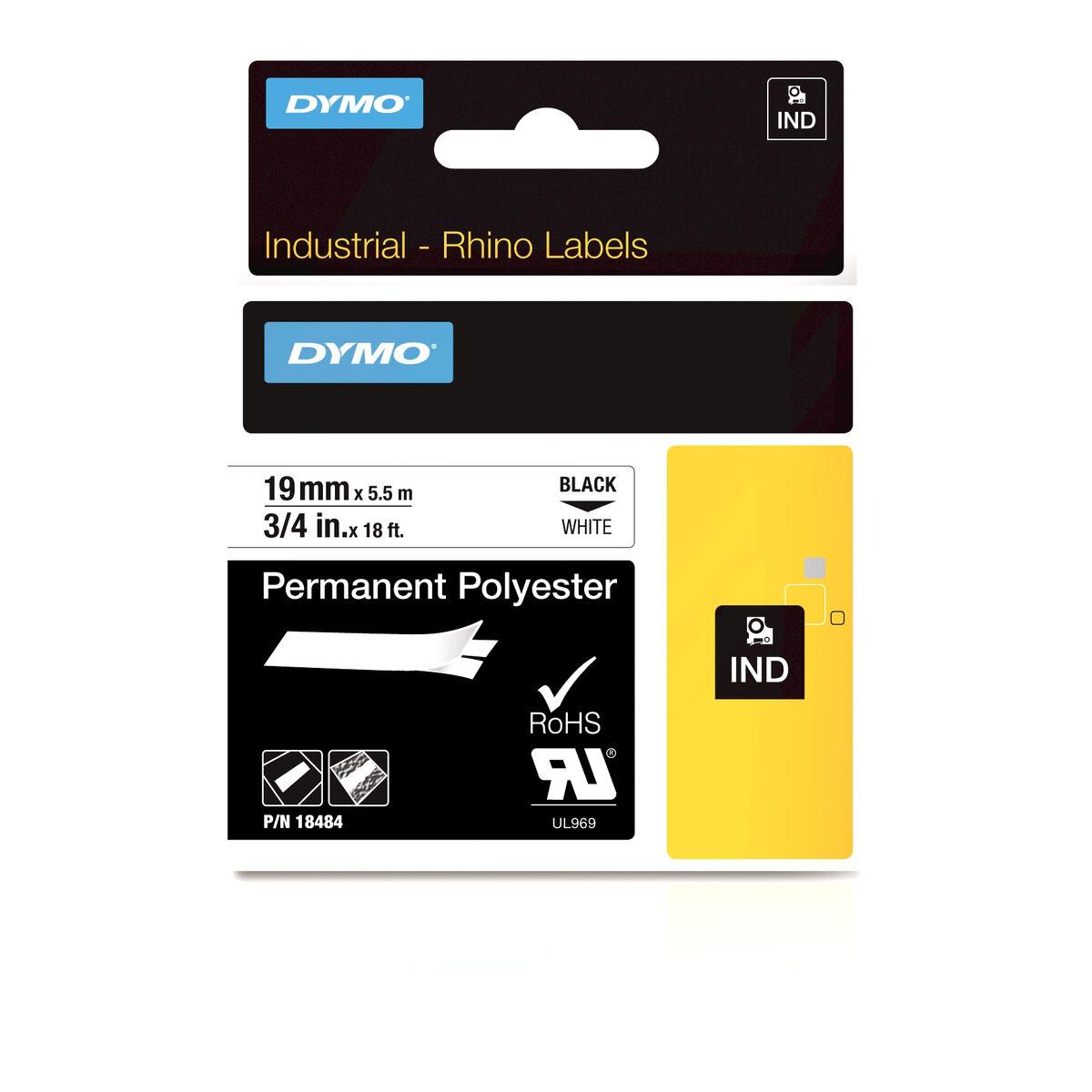 Dymo Rhino 18484 lamineret polyester tape - sort på hvid, 19 mm x 5,5 m