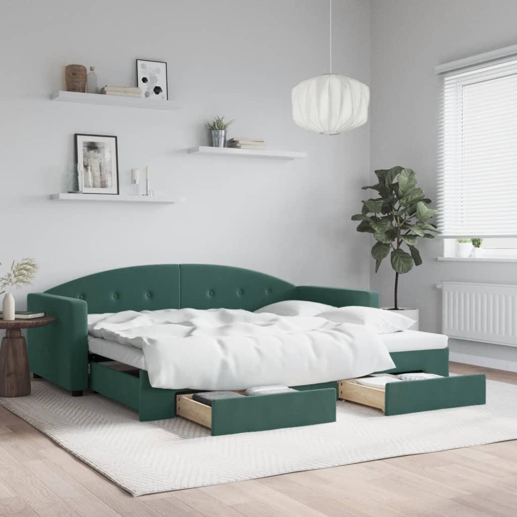 Daybed med udtræk og skuffer 90x200 cm velour mørkegrøn billede