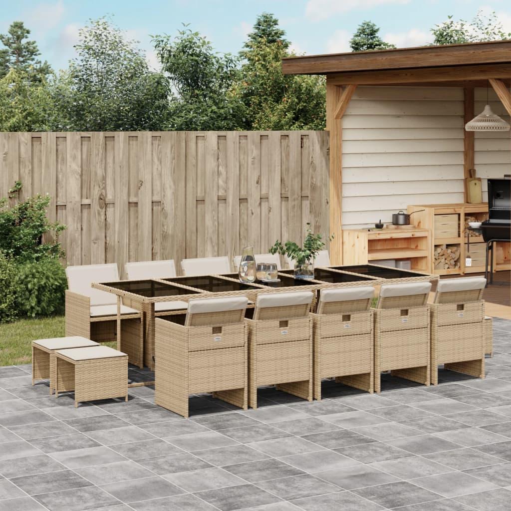 Spisebordssæt til haven 15 dele med hynder polyrattan beige
