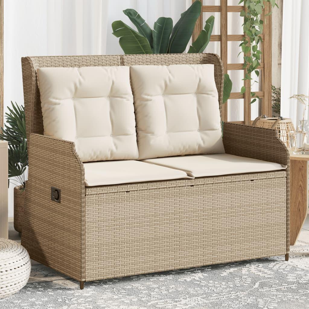 Havebænk med hynder og lænefunktion polyrattan beige