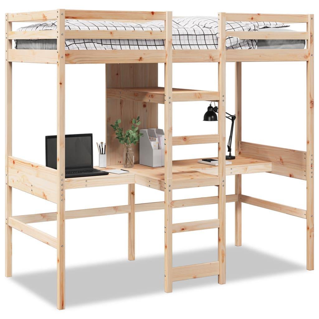 Højseng med skrivebord og hylder 90x200 cm massivt fyrretræ