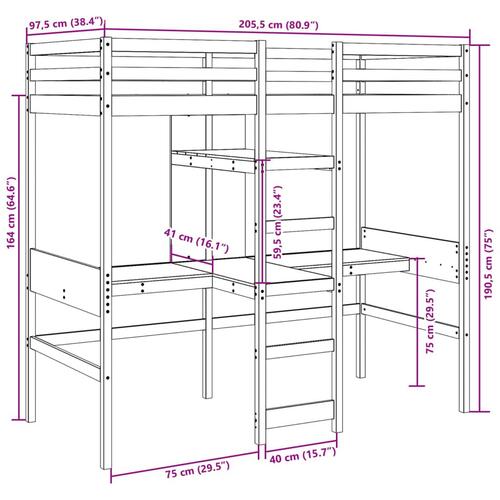 Højseng med skrivebord og hylder 90x200 cm massivt fyrretræ