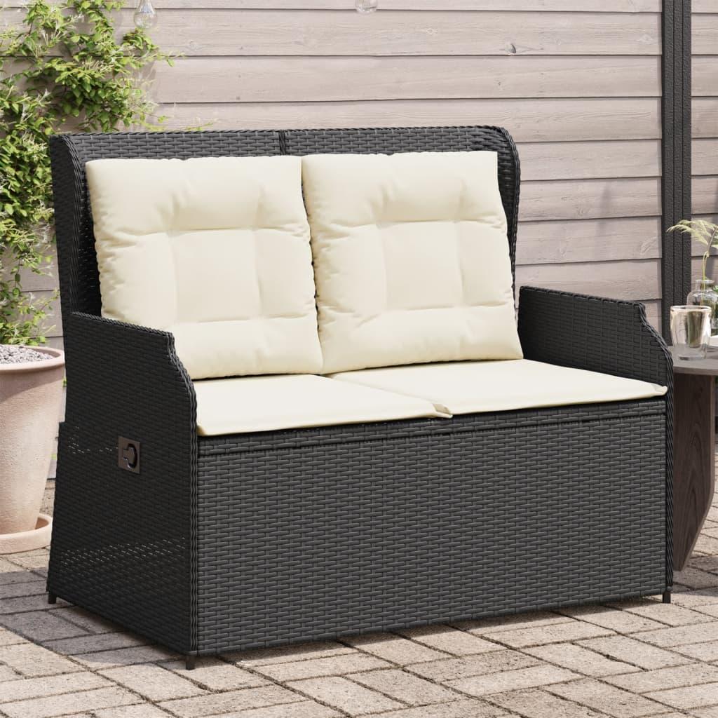 Havebænk med hynder og lænefunktion polyrattan sort