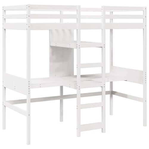 Højseng m. skrivebord og hylder 90x200 cm massivt fyrretræ hvid