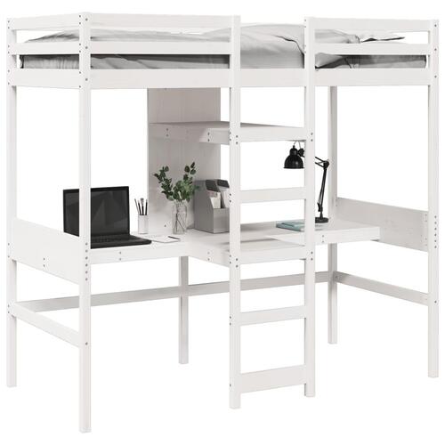 Højseng m. skrivebord og hylder 90x200 cm massivt fyrretræ hvid