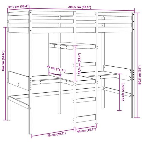 Højseng m. skrivebord og hylder 90x200 cm massivt fyrretræ hvid