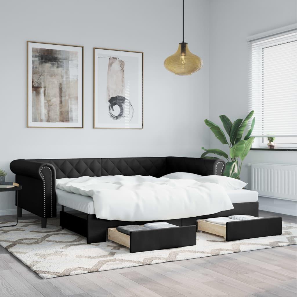 Daybed Kunstlæder Farvet - Sort / med udtræk og skuffe / 90 x 200 cm