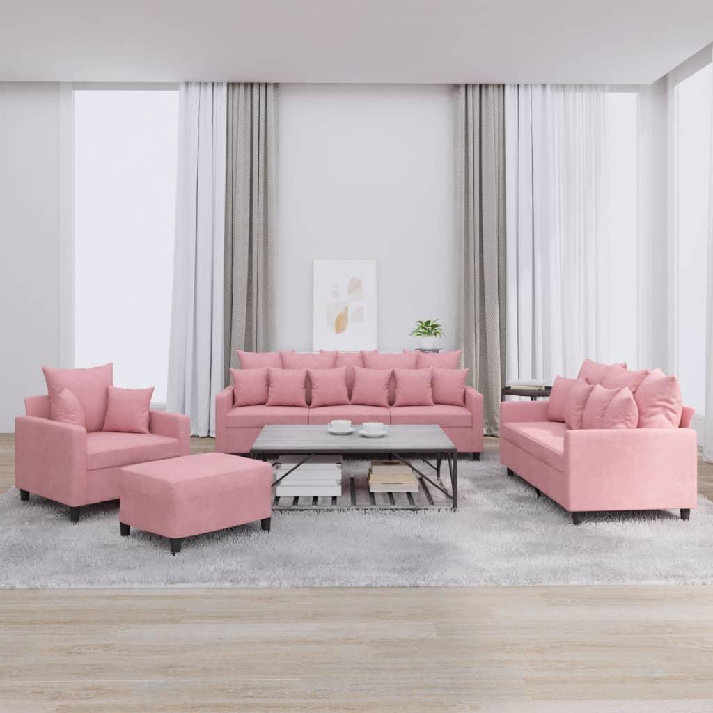Sofasæt 4 dele med hynder velour lyserød
