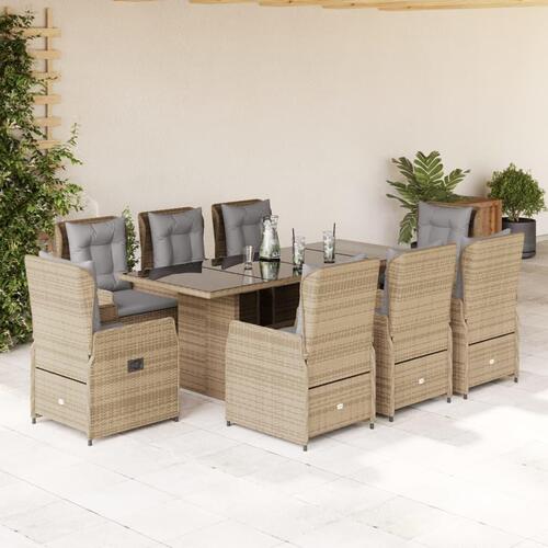 Spisebordssæt til haven 9 dele med hynder polyrattan beige