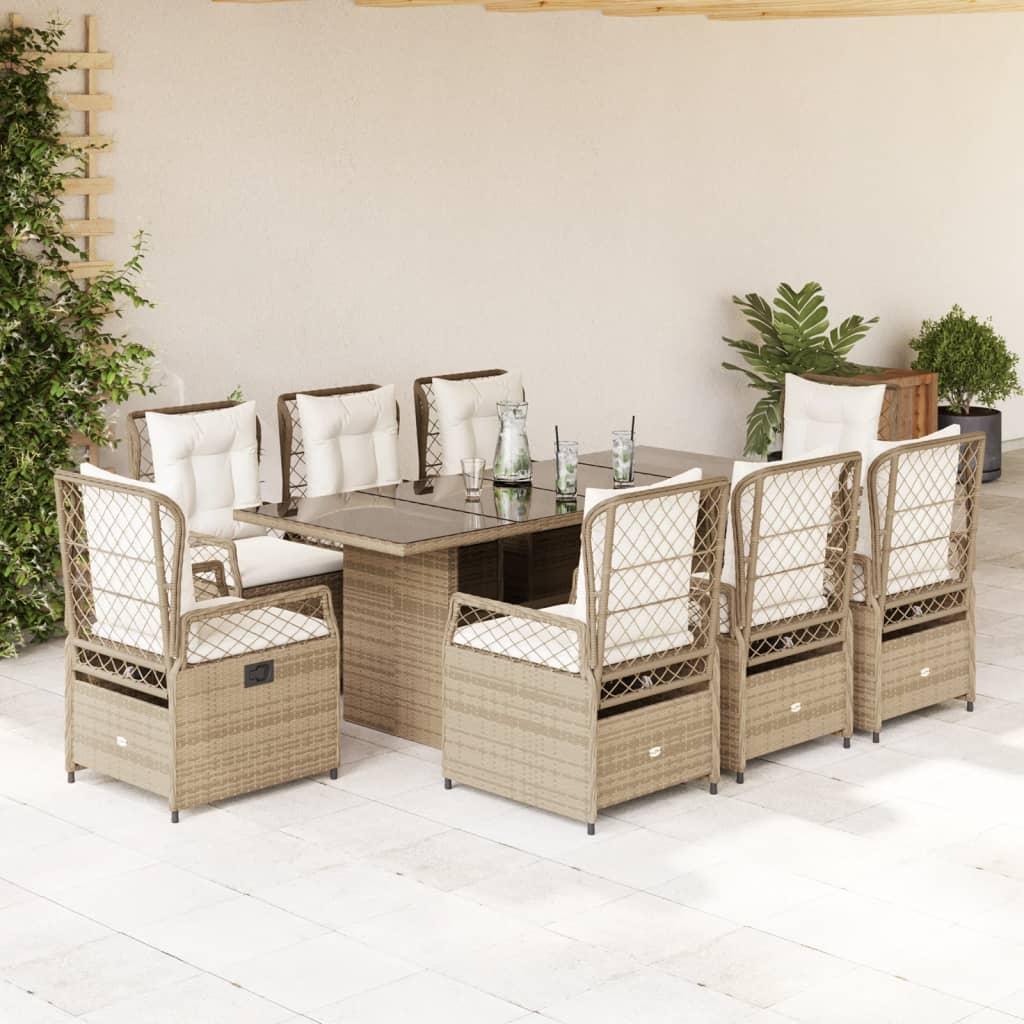 Spisebordssæt til haven 9 dele med hynder polyrattan beige