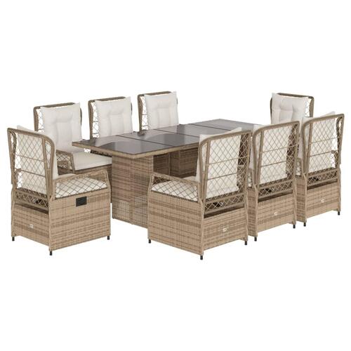 Spisebordssæt til haven 9 dele med hynder polyrattan beige